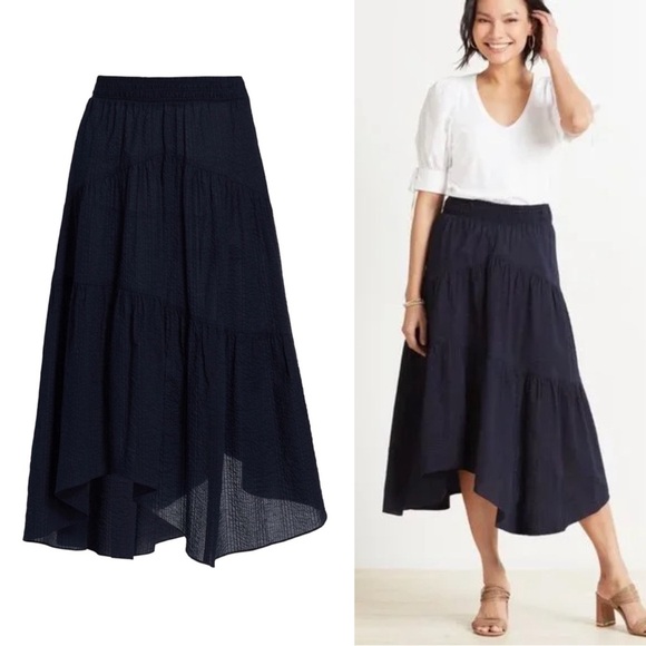 FRAME • Gathered Seam Skirt navy blue midi shirred cotton asymmetrical hem